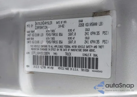 2003 Dodge Dakota z USA, uszkodzony, nr VIN 1D7FL16XX3S159974